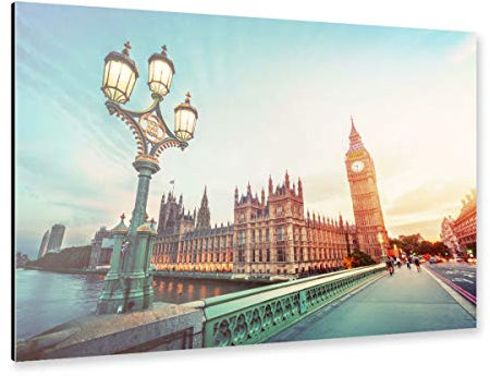artboxONE Alu-Print 150x100 cm Big Ben, London The UK at Sunset. Retro Street lamp Light on Westminster Bridge. Vintage