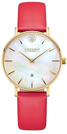 Kistanio Damenuhr Petit Goldfarben Edelstahl Saphirglas mit rotem Lederband GO-PM-L-RTN