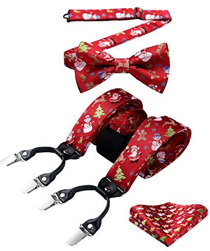 HISDERN Weihnachts Hosenträger Herren Extra Stark Breit 3,5 cm mit 4 Metall Clips Y Form Einstellbar und Elastisch Hosenträger Fliege Set für Männer