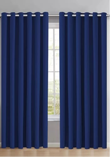 RayyanLinen Readymade Blackout Thermal Eyelet Ring Top Pair of Curtains Including 2 Tiebacks (NAVY BLUE, Width 46 x Drop 72)