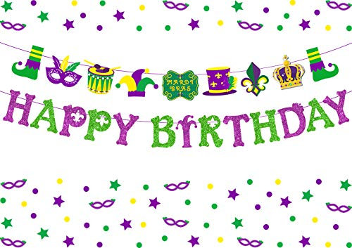 Mardi Gras Dekorationen New Orleans Geburtstagsparty Mardi Gras Happy Birthday Banner Girlande für Maskerade Motto Party Supplies