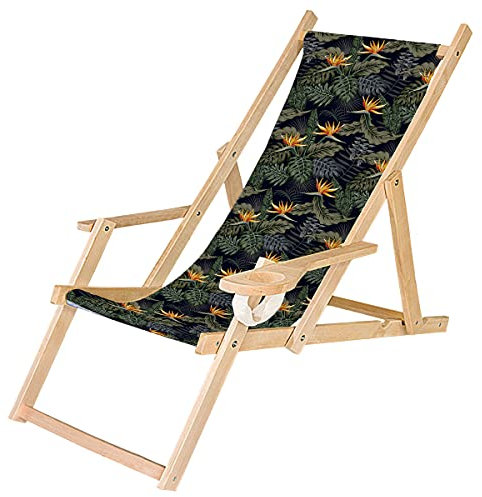 Ferocity Holz-Liegestuhl Klappbar Klappliegestuhl mit Armlehne und Getränkehalter Strandstuhl Motiv Palmen Paradiesvogel Strelitzia [119]