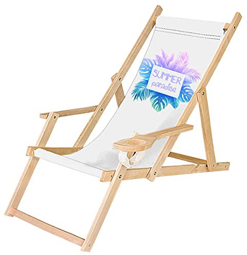 Ferocity Holz-Liegestuhl Klappbar Klappliegestuhl mit Armlehne und Getränkehalter Strandstuhl Motiv Hello Summer [119]