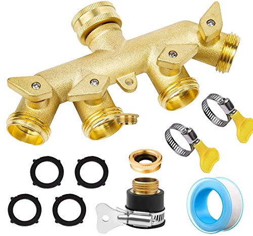 MKNZOME Laiton 4 Voies Tap Connector, 3/4 Robinet Jardin Distributeur, Séparateur de Tuyau avec Individuelles Marche/Arrêt Vannes Sortie pour Accueil Cuisine Jardin Robinet Machine a Laver