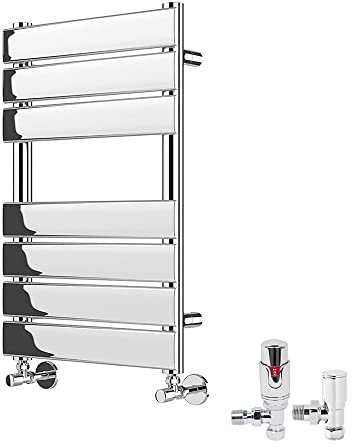 Warmehaus Minimalist Bathroom Flat Panel Heated Towel Rail Radiator Ladder Rad 650×400mm Chrome Modern Central Heating Radiator Warmer with Angled TRV Thermostatic Radiator Valve Set