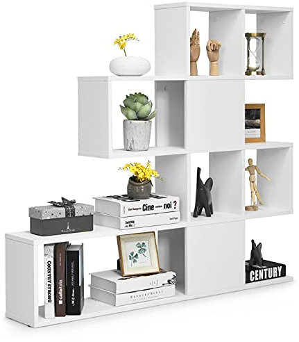 COSTWAY Cube Storage Bookcase, Wooden Display Bookshelf Corner Rack, Modern Freestanding Ladder Shelving Unit Room Divider for Home Office Living Room Bedroom (White)