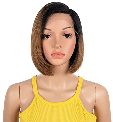 Début Lace Front Perücke für schwarze Damen Bob Perücke für weiße Damen Kunsthaar 24 cm 120g Braun Glatt Schweizer Spitze Hitzebeständige Fasern Halb Handgebunden (TT1B/3427)