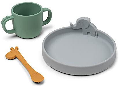 Done by Deer Peekaboo Baby und Kinder Geschirrset - 3-Teiliges Kindergeschirr Set mit Rutschfestem Kinderteller, Trinklernbecher und Gabel - BPA-Freies Geschirr aus 100% Lebensmittelechtem Silikon
