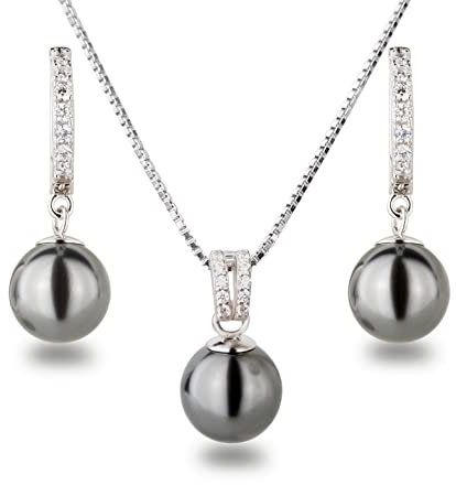 Schöner-SD Perlenset Halskette Creolen-Ohrringe 925 Silber Rhodium dunkel-grau