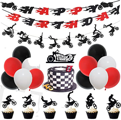 60 Stück Dirt Bike Party Supplies - Dekoration Banner Kuchen Cupcake Topper für Motocross Thema Geburtstag Mann oder Junge - Reitzimmer Wanddekoration Motorrad
