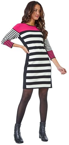 Roman Originals Knitted Jumper Dress for Women UK - Ladies Colour Block Winter Autumn Smart Casual Office Bodycon Workwear Everyday Long Sleeve Knee Length Knit Pocket - Fuschia - Size 20