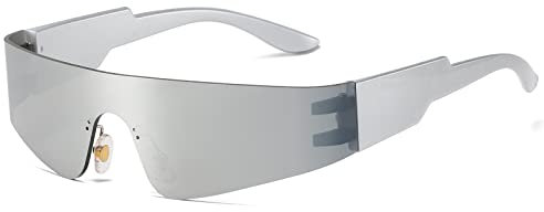 Ggpyyon Wrap Around Sunglasses for Women Men Fashion One Piece Flat Top Shield Eyewear Y2k Futuristic Mirrored Shades Sun Glasses(Silver/Silver Mirrored)
