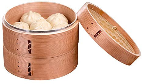WYOERN Vaporiera in bambù a 2 ripiani in bambù con coperchio, resistente, resistente e rinforzato, 21 cm