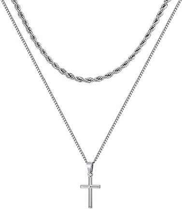 murtoo Kette Damen, Halskette Kreuz Anhänger für Frauen, Layering Silber Edelstahl Verdrehte Kette für Damen(Verdrehte,40cm+Kreuz Kette,50cm)