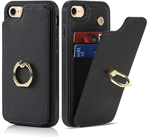 Cavor iPhone 7/8/SE 2020/SE 2022 Case With Card Holder,Flip Folio Leather Wallet Case,Magnetic Ring Kickstand Shockproof Cover Case for iPhone 7/8/SE 2020/SE 2022 - Black