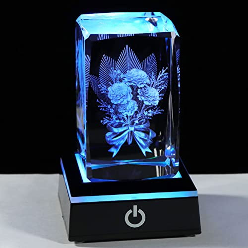 Movdyka Crystal Etched 3D Carnation Bouquet Figurine Collectible Gifts for Women, Glass Cube Engraved with Carnations Keepsake with LED Lamp Presents Ideas for Mum Daughter Her
