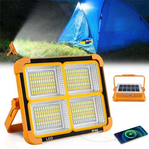 CORESLUX Projecteur LED Rechargeable, 200W Projecteur LED Chantier, 4 Modes LED Lampe de Chantier Étanche USB, Lumière de Travail Portable avec Panneau Solaire pour Camping, Entretien, Garage, Atelier