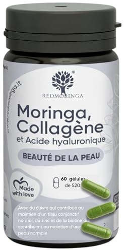 RedMoringa Hyaluronsäure Kollagen Kapseln Komplex + Bio Moringa Kapseln - 100% Tagesnorm von Kupfer, Zink, Biotin, Vitamin A, B2, B3, C - Marine Collagen Komplex - 60 Tage Vorrat