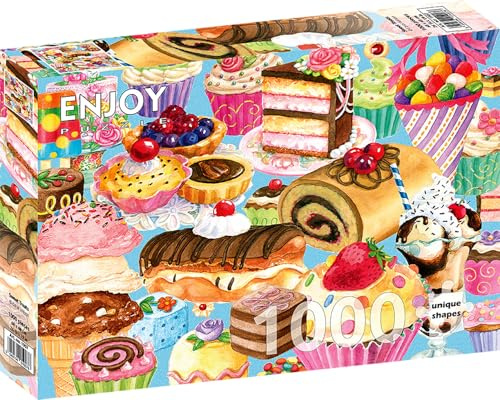 1000 Pieces Jigsaw Puzzle – Matte Finish, Soft Touch, Sturdy and Unique Pieces, Tight Fit, Vivid Colors, Missing Pieces Service – Sweet Treats Collage with Cake, Ice Cream and Candy – by ENJOY Puzzle