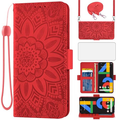 Asuwish Handyhülle für Google Pixel 4a 4G Hülle mit Band und Glas Folie Schutzfolie Kartenfach Klappbar Leder Geldbörse Ständer Pixel4a a4 Handy Hüllen Blumen Schutzhülle Handyhüllen Phone Case Rot