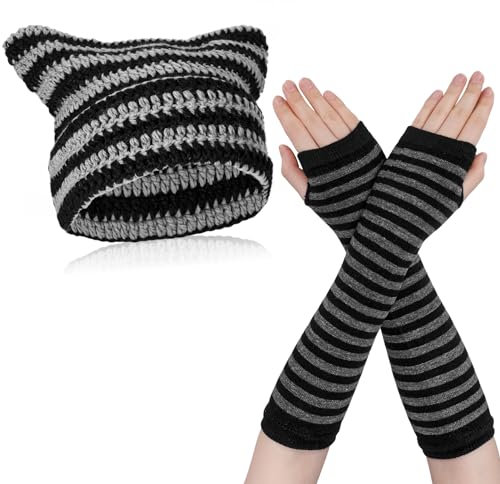 Firtink Damen Katzenmütze, Katzenohren Beanie Hut Y2K Winter Warm Gestreifte Strickmütze Fairy Grunge Häkeln Katze Beanie Frauen Slouchy Beanies Mütze mit Lange Handschuhe für Frauen