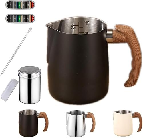Bricco Latte, Bricco Latte Induzione Acciaio Inox Da 20oz/600ml, Bricco Latte Professionale Con Penna Per Decorare, Shaker Per Il Cioccolato, 2 Etichetta Per La Temperatur,Cappuccino,Latte Art,Nera
