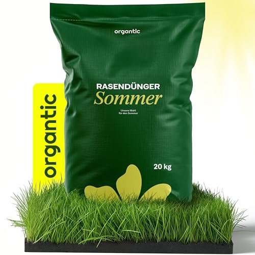 Organtic Sommerrasendünger 20kg, Hochwirksamer Dünger für sattgrünen Rasen, ideal bei Sommerstress, bekämpft Moos, niedriger Staubgehalt, geeignet für Streuwagen