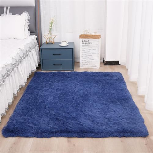 Treer Teppich Wohnzimmer Flauschig, Soft Modern Area Rug Weich Shaggy Teppiche Langflor rutschfest Fellteppich Kunstfell Fell Carpet für Schlafzimmer Nachttisch (80x120cm,Blau)