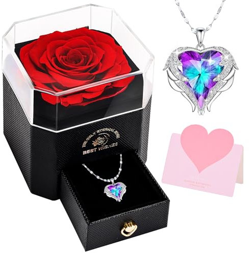 Rosa Eterna Confezione Regalo, Rose Stabilizzate Grande 8 cm con Collana Cristallo Blu-Viola, San Valentino Anniversario Compleanno Festa della Mamma Regali per Moglie Fidanzata Mamma Donna