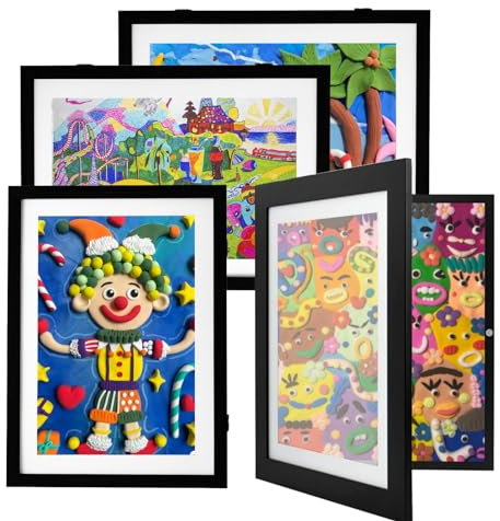 Sleeleece 4 Stück Bilderrahmen Kinderzeichnungen A4,Kunstfotorahmen für Kinder,Schwarz Aufklappbar & Frontöffnung,für bis zu 150 Zeichnungen,Ideal für Kunstprojekte, Kinderzimmer & Schule