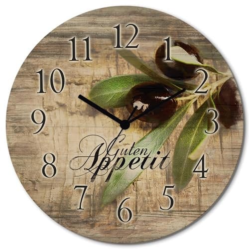 ARTLAND Wanddeko Wanduhr Holz Funkuhr ohne Tickgeräusche lautlos rund Ø 30 cm Küchenuhr Oliven Guten Appetit H6ZI