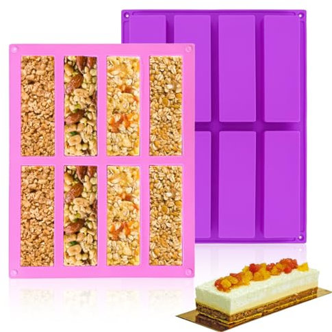 2 Pièces,Moules Silicone pour barres de céréales,Moule Silicone Financier,Moule Rectangulaire Patisserie,Moule Rectangulaire,8 cavités (Violet + Rose)