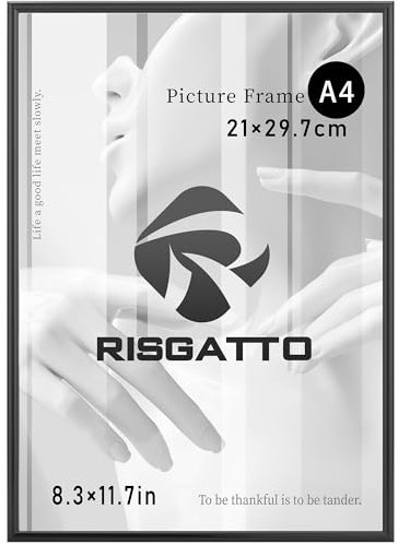Risgatto Cadre Photo A4 (21x30 cm) en Aluminium avec Verre Acrylique HD, Cadre Minimaliste en Métal à Suspendre et à Poser pour Poster, Certificats et Décoration Murale – Noir