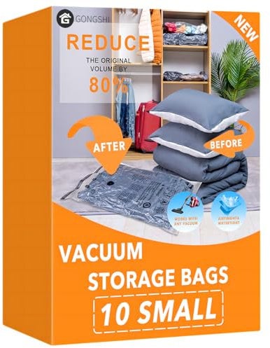10 Small Vacuum Storage Bags, Space Saver Sealer Compression Bags for Blankets, Comforters, Pillows, Clothes Storage
