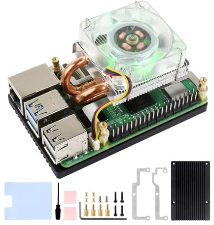 Waveshare Low-Profile Ice Tower CPU Cooling Fan, Compatible with Raspberry Pi 5, U-Shaped Copper Tube, Cooling Fins, Cooler with Colorful RGB LED