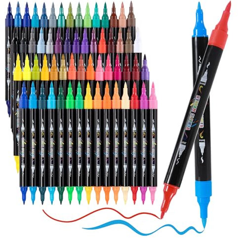 Lemeitu Acrylfarben-Marker, 60 Farben, Doppelspitze, Farbstifte für Holz, Leinwand, Stein, Steinmalerei, Glas, Keramikoberflächen, Bastelarbeiten, Kunstbedarf