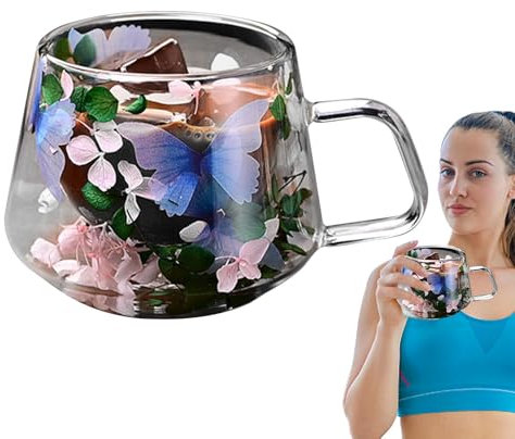 Tasses à café en verre – Tasses en verre Floral Fusion de 200 ml, tasse à double paroi Floral Fusion | Tasse de boissons chaudes et froides plus résistantes à la chaleur, tasse à thé à poignée confort