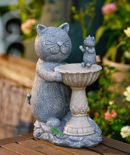 Goodeco Solar Cat Bird Bath Garden Ornaments Outdoor Statue Garden Gifts | Waterproof Resin Sculpture with Solar Lights for Patio Lawn Porch Outdoor Decoration