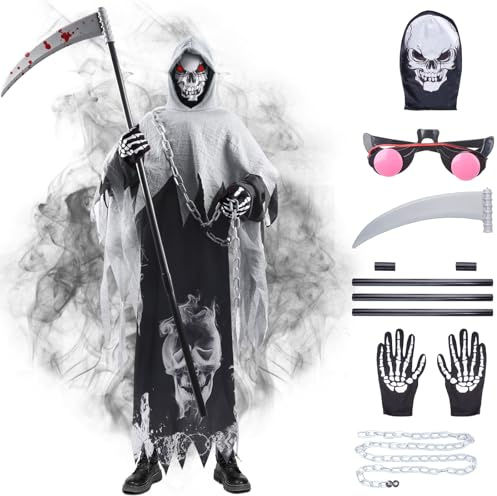 Aitsite Kids Grim Reaper Costume, Halloween Black Cloak,Polyester Hooded Cloak Skull Face Mask Skull Gloves Sickle Accessories, Halloween Fancy Dress Costume Boys, Carnival Cosplay Party Outfit (L)