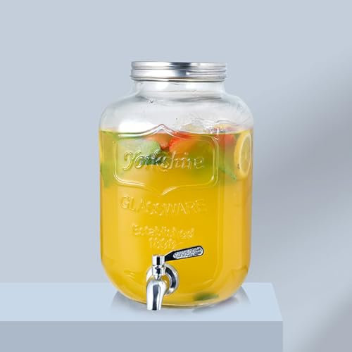 Distributore di Bevande in Vetro Da 4L/5L con Supporto in Metallo, Erogatore di Acqua In Bottiglie di Vetro Trasparente, Beccuccio E Coperchio in Acciaio Inox A Prova di Perdite, per Cocktail A Base d