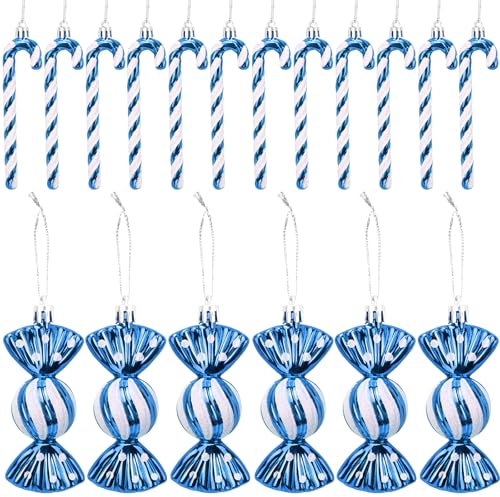 DOINEUFL 18 Stück Zuckerstangen Weihnachtsbaum Deko, Zuckerstangen Baumschmuck Weihnachten, Blau Weiß Niedlich Weihnachtsbaumschmuck (Blau)