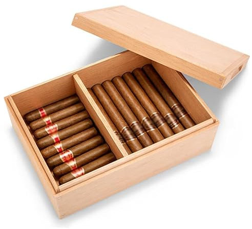 Zigarren-Humidor-Box, kubanische Zigarrenkiste, Fassungsvermögen ca. 50–150 Stück, natürliches Auberginenholz, Trennwand, Männergeschenke, geeignet für die Befeuchtung und Aufbewahrung von Zigarren