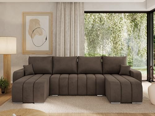 MKS MEBLE Sofa mit Schlaffunktion - Ecksofa mit Schlaffunktion und Bettkasten - Sofa 3 4 5 Sitzer - Schlafsofa - Couch - Schlafsofa mit Bettkasten - Kirasso U -Braun Velvet