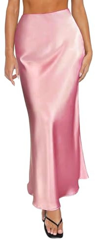 Gyaimxfu Jupe longue en satin pour femme - Couleur unie - Taille haute - Réglable - Demi-jupe en satin - Jupe moulante - Jupe d'été élégante - Taille XS à L, rose, S