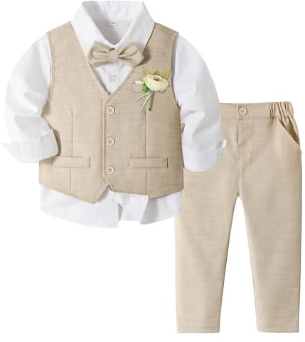Volunboy Baby Jungen Anzug, Kinder Anzugweste Festliche Hochzeit Kleidung Bekleidung Set 4tlg (4-5 Jahre, Helles Khaki, Größe 120)