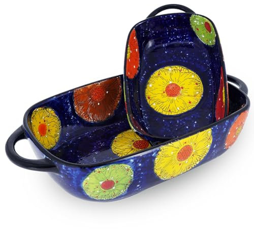 TGDGFKIAS Oven Dish Ceramic Pie Dish, Ceramic Baking Dish with Handles, Rectangular Lasagna Pan, Casserole Dish, Microwave and Oven Safe.-Blue and Flowers(Set of 2)