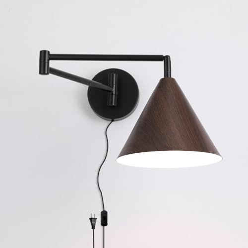 Modern E27 Schwenkarm Wandleuchte mit Schalter Kabel Stecker Wandlampe 180° Schwenkbar Wandbeleuchtung Lndustrielle Vintage LED Eisen Dekorative für Schlafzimmer (Weißes Licht,Dunkle Holzfarbe)