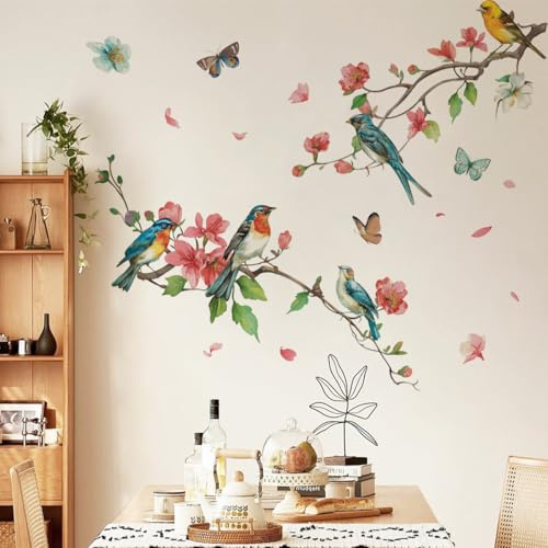Runtoo Décalcomanies murales Oiseaux Fleurs Branche d'arbre Rose Art mural Stickers muraux Chambre Cuisine Salon Chambre d'enfant Décor