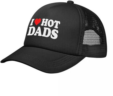 UIOPPIOS I Love Hot Dads Trucker Hüte Männer Frauen Fit I Herz Hot Dads Papa Hut Sonnenkappe Atmungsaktive Snapback Caps Mesh Baseballkappe Sommer