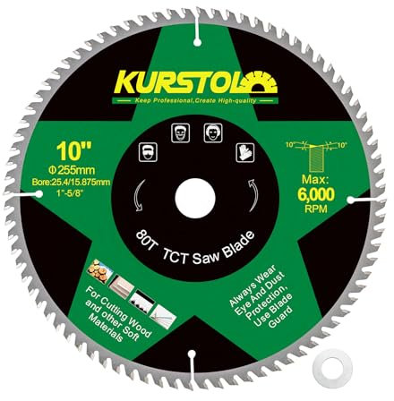 KURSTOL Circular Saw Blade 255mm - 80T ABT Wood Cutting Saw Blade with25.4mm Arbor for Wood, Plastic, Plywood, Particle Boards, Multilayer Boards